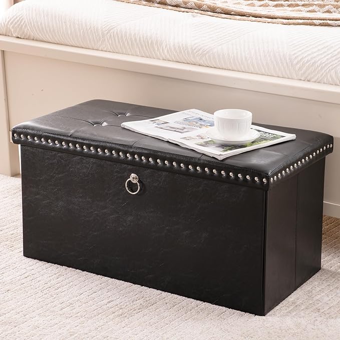 Folding Storage Ottoman Bench 30in, Leather Foot Rest Stools Ottoman with Storage, Coffee Table, End of Bed Bench Footstool for Living Room, Bedroom, Load 330 lb, 30x15x15 inches, Black