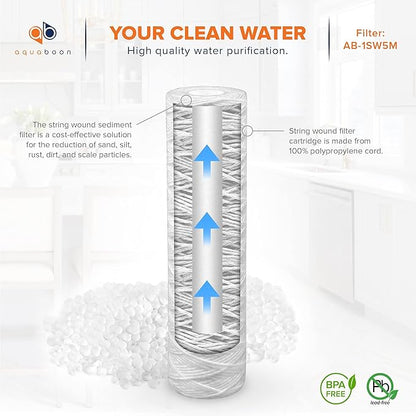 Aquaboon Whole House 5 Micron 10 x 2.5 String Wound Sediment Water Filter Cartridge Replacement Compatible with Well Water Filter WHKF-WHSW, 6-Pack