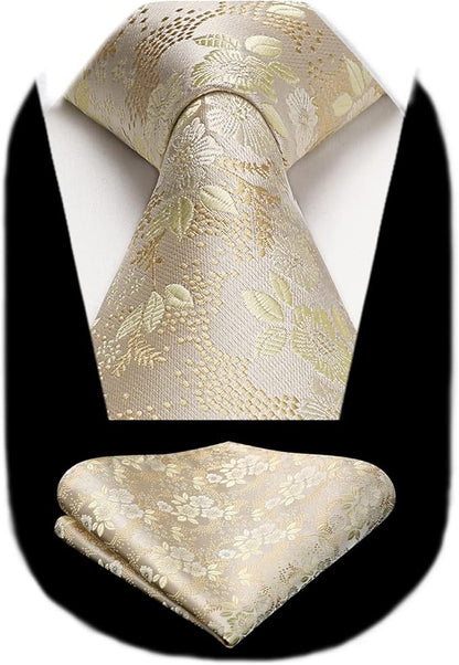 HISDERN Men Floral Ties Woven Classic 3.4" Necktie Set Formal Tie Pocket Square for Wedding with Handkerchief Gift Box