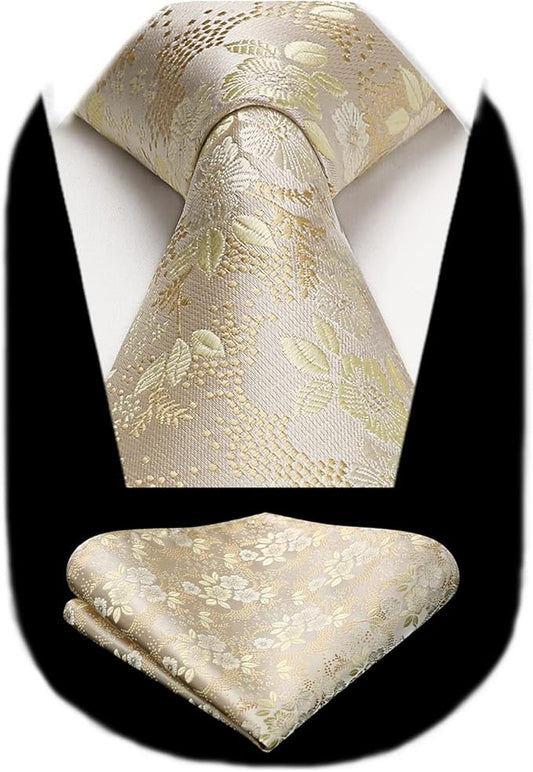 HISDERN Men Floral Ties Woven Classic 3.4" Necktie Set Formal Tie Pocket Square for Wedding with Handkerchief Gift Box