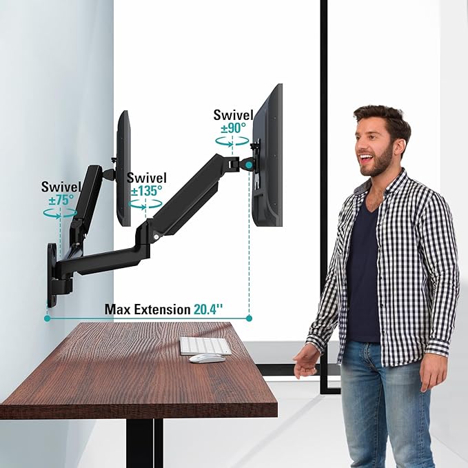 Dual Monitor Wall Mount for 13 to 32 Inch Computer Screens, Monitor Mounts for 2 Monitors Holds Up to 19.8lbs Each,Full Motion Gas Spring Monitor Arm with VESA 75x75/100x100