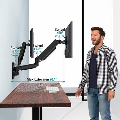 Dual Monitor Wall Mount for 13 to 32 Inch Computer Screens, Monitor Mounts for 2 Monitors Holds Up to 19.8lbs Each,Full Motion Gas Spring Monitor Arm with VESA 75x75/100x100