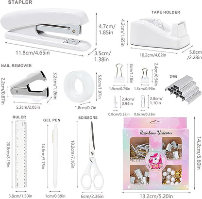 Desk Accessories with Pen Holder, Office Supplies Desk Organizers and Accessories, Tape Dispenser, Stapler, Staple Remover, Staples, Clips Set, Ruler, Scissor, Pen, Tape (White)