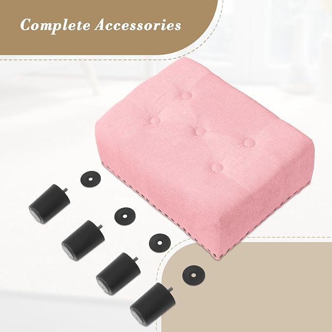 Athena Collection Small Ottoman Foot Rest with Legs, Linen Fabric Ottoman Foot Stool with Soft Padded seat, Square Footstool FootRest for Living Room, Bedroom, Office, Pink