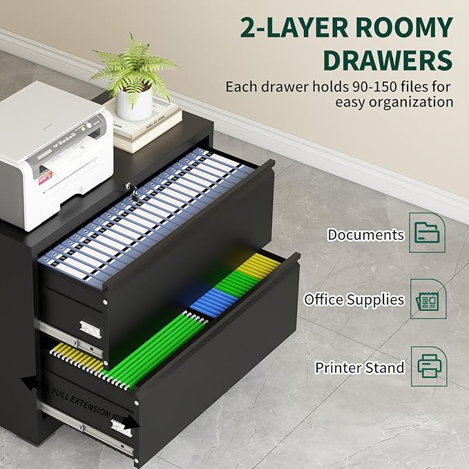 2 Drawer Lateral File Cabinet, Metal File Cabinets for Home Office Legal/Letter A4 Size, File Cabinet with 2 Drawer Storage Cabinet, Require Assembly, Black