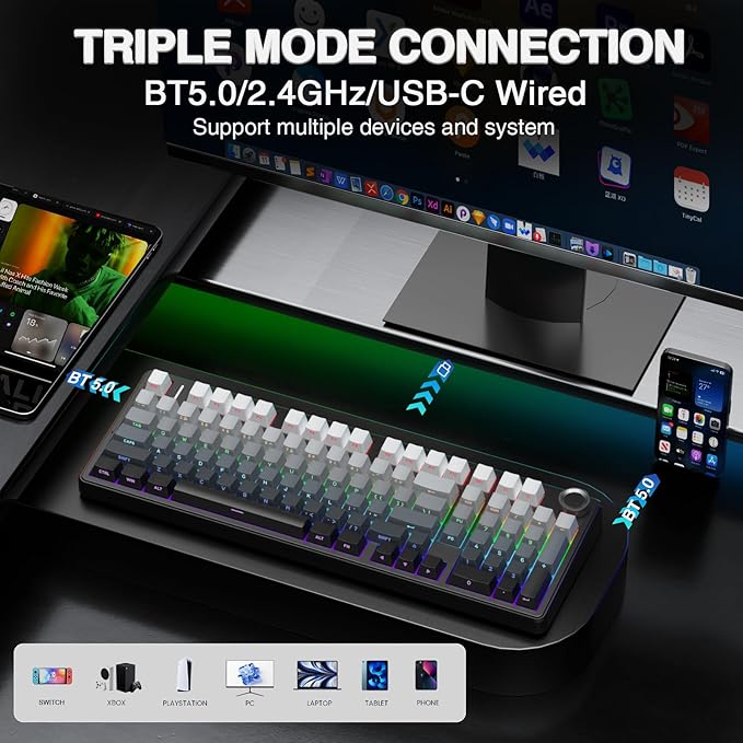 AULA F99 Pro Wireless Mechanical Keyboard with Knob,Gasket Structure,Tri-Mode BT5.0/USB-C/2.4GHz Hot Swappable Keyboard,Creamy Sound,RGB Backlit PBT Keycaps Computer Gaming Keyboards