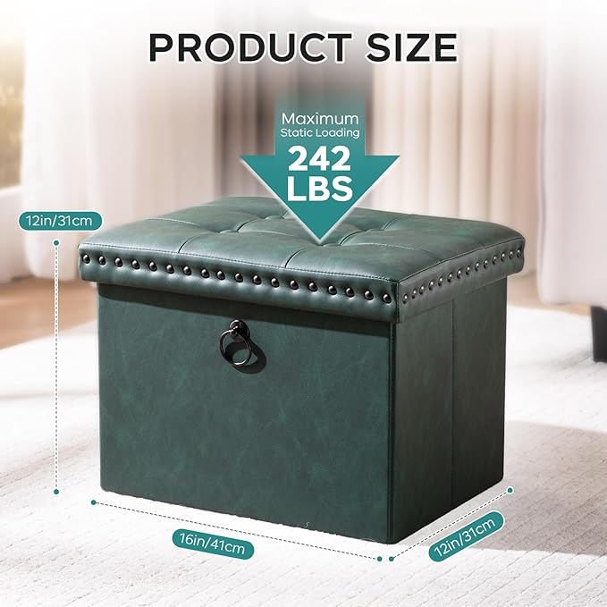 Folding Storage Ottoman, Small Faux Leather Foot Rest Stool with Rivet Design, 16 x 12 x12 Inches Ottoman with Storage Vanity Stool Coffee Table for Living Room, Bedroom, Load 242 lbs, Green