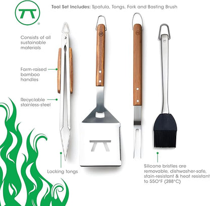 Outset Stainless Steel Grill Tool Set, Verde Collection, Large Spatula, Tongs, Grill Fork, and Sauce Brush