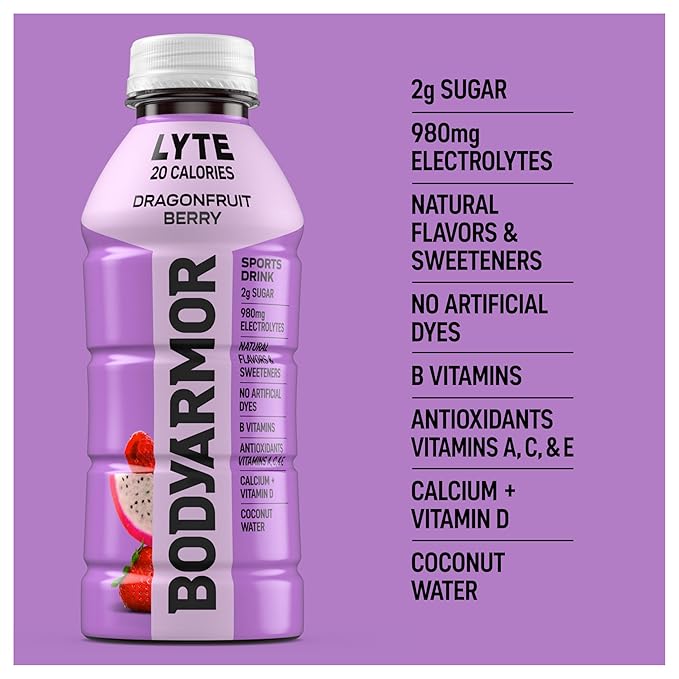 BODYARMOR LYTE Sports Drink Low-Calorie Sports Beverage, Dragonfruit Berry, Coconut Water Hydration, Natural Flavors With Vitamins, Potassium-Packed Electrolytes, Perfect For Athletes, 16 Fl Oz (Pack of 12)