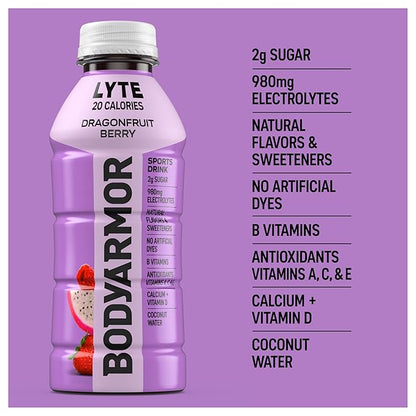 BODYARMOR LYTE Sports Drink Low-Calorie Sports Beverage, Dragonfruit Berry, Coconut Water Hydration, Natural Flavors With Vitamins, Potassium-Packed Electrolytes, Perfect For Athletes, 16 Fl Oz (Pack of 12)