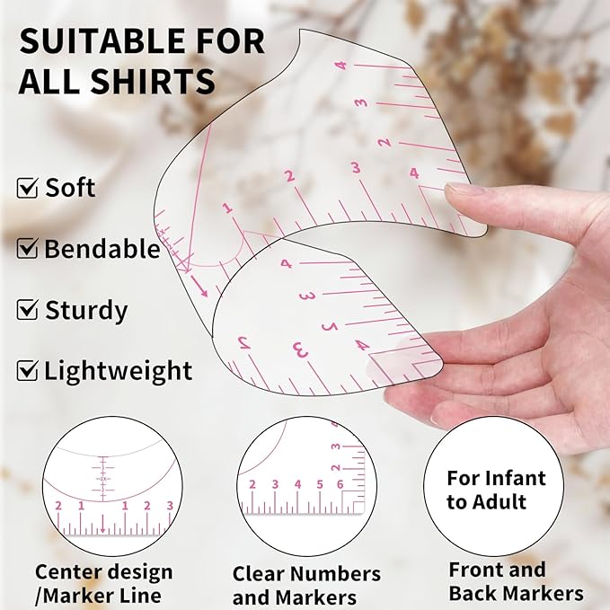 5Pack Tshirt Ruler Guide for Vinyl Alignment, T Shirt Rulers to Center Designs, PVC Measurement Template, Sewing Supplies Accessories Tools for Cricut Heat Press Transfer Vinyl （Pink）