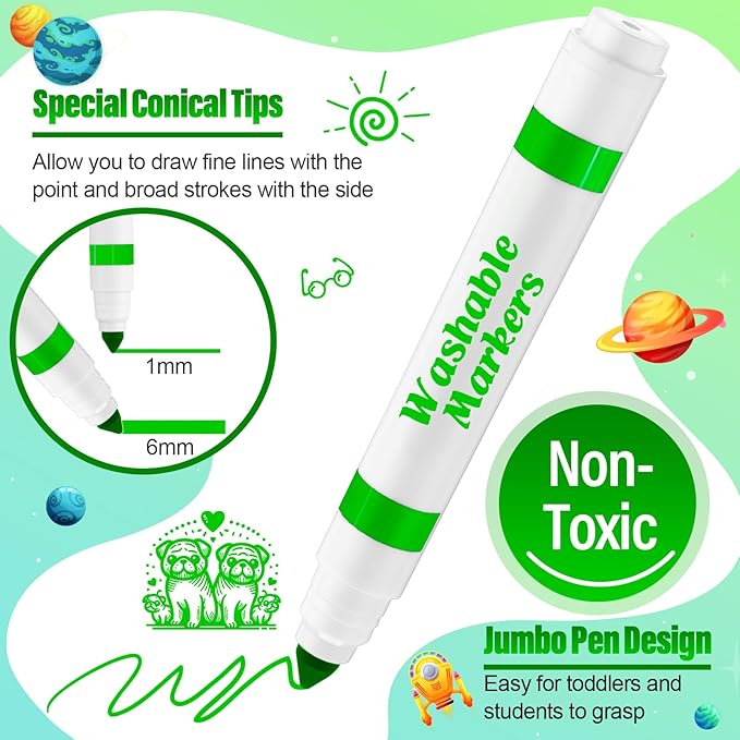 Janlaugh 24 Pcs Washable Markers Bulk Broad Line Markers Coloring Conical Tip Large pens for Kids art projects, Teachers, Students, Toddlers, Party Favors, Classrooms, Donations(Light Green)