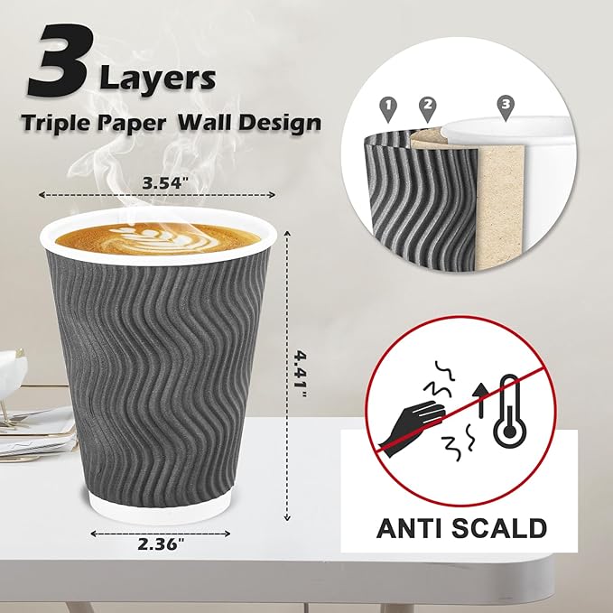 Lamosi 12 oz Insulated Coffee Cups Disposable - 50 Count Grey Paper Coffee Cups No Lids 12oz, Corrugated Ripple Wall Design for Hot Cold Drinks