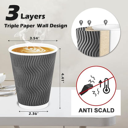 Lamosi 12 oz Insulated Coffee Cups Disposable - 50 Count Grey Paper Coffee Cups No Lids 12oz, Corrugated Ripple Wall Design for Hot Cold Drinks