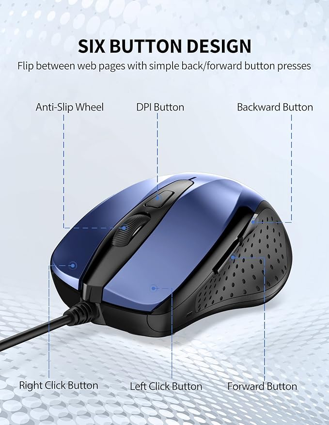 TECKNET USB Wired Mouse, 6-Button Corded Computer Mouse with 4 Adjustable DPI, Optical Computer Mice with Ergonomic Design and 5FT Cord for Laptop, Chromebook, PC, Desktop, Mac, Notebook-Blue