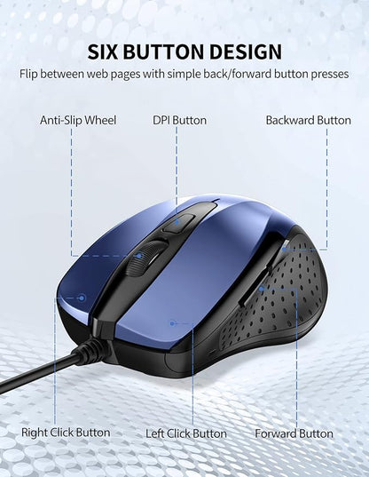 TECKNET USB Wired Mouse, 6-Button Corded Computer Mouse with 4 Adjustable DPI, Optical Computer Mice with Ergonomic Design and 5FT Cord for Laptop, Chromebook, PC, Desktop, Mac, Notebook-Blue