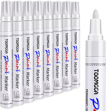 White Paint Pens Permanent Paint Markers - 8 Pack Oil Based Marking Pens, Medium Point, Quick Drying and Waterproof Pens for Rock Painting Car Tyre Metal, Plastic, Canvas, Wood, Glass