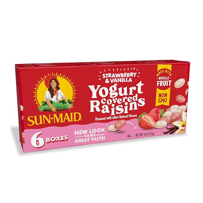 Sun-Maid Strawberry & Vanilla Yogurt Coated Raisins - (6 Pack) 1 oz Snack-Size Box - Yogurt Covered Dried Fruit for Lunches and Back to School Snacks