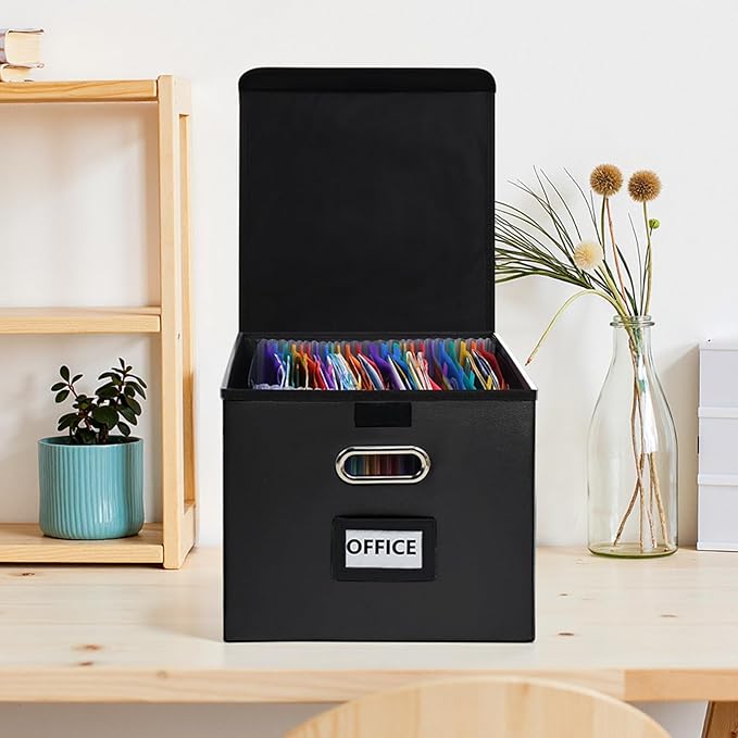 File Organizer Box with Folder, 25 Pockets Accordion File Organizer with Colored Labels, Upgraded & Portable File Folders for Home, Office, School, Black-Leather