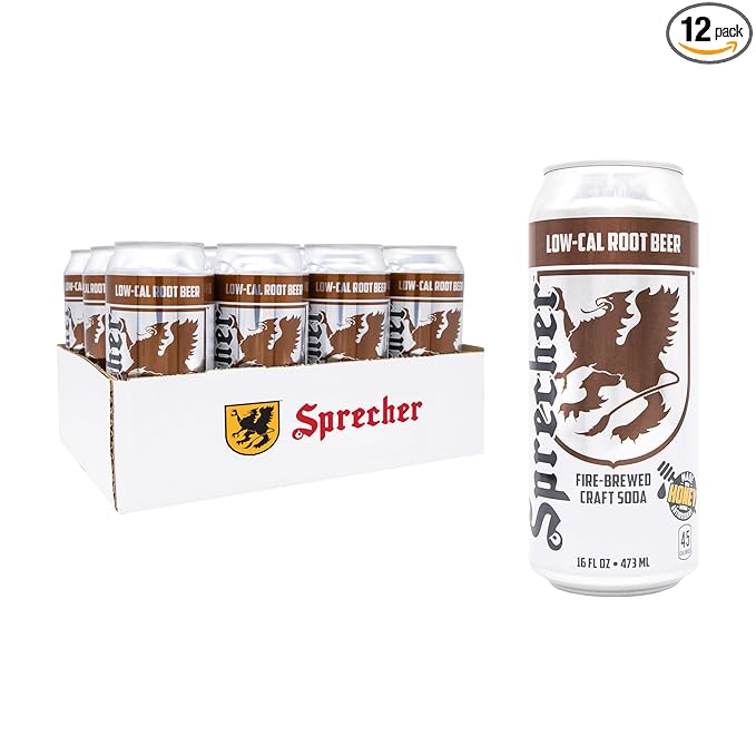 Sprecher Low-Cal Root Beer Craft Soda – Fire-Brewed Reduced-Calorie Soda with Real Wisconsin Honey, 16 fl oz Cans (12 Pack) – Caffeine-Free, Kosher, Gourmet Beverage