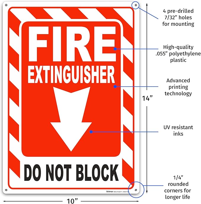Brimar - 10 x 14" - Fire Extinguisher Do Not Block Sign - Polyethylene Plastic - Fire Safety Sign - Easy Installation