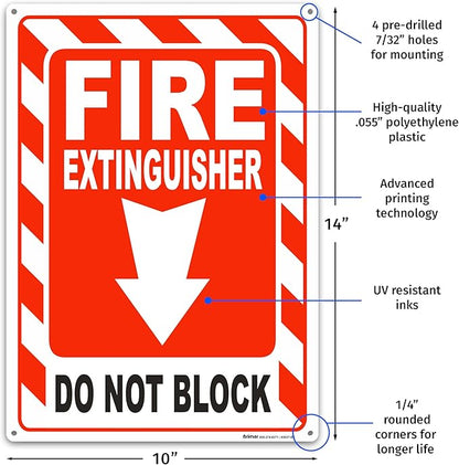 Brimar - 10 x 14" - Fire Extinguisher Do Not Block Sign - Polyethylene Plastic - Fire Safety Sign - Easy Installation