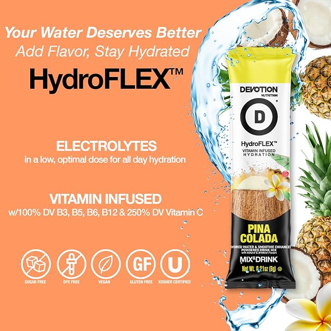 Devotion Nutrition HydroFLEX Water Flavoring Packets – Sugar-Free Hydration with Vitamins & Electrolytes – Dye-Free, Gluten-Free (Pina Colada) 12-Pack Drink Mix