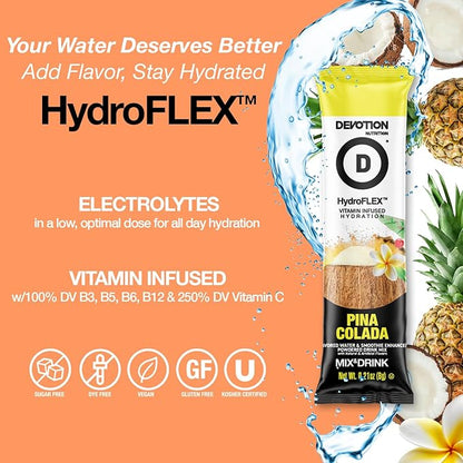 Devotion Nutrition HydroFLEX Water Flavoring Packets – Sugar-Free Hydration with Vitamins & Electrolytes – Dye-Free, Gluten-Free (Pina Colada) 12-Pack Drink Mix