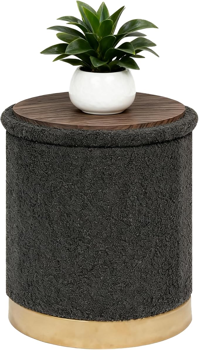 B FSOBEIIALEO Ottoman with Stroage, Round Boucle Storage Ottoman with Gold Plating Base,Foot Rest Stool for Dorm Room, Living Room Dark Grey, 16.73"x16.73"x17.72"