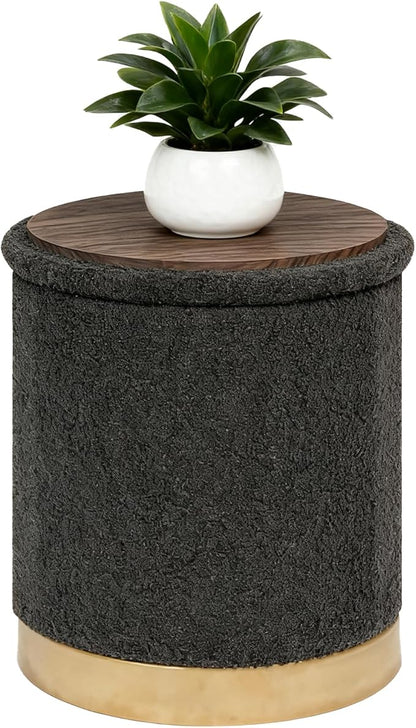 B FSOBEIIALEO Ottoman with Stroage, Round Boucle Storage Ottoman with Gold Plating Base,Foot Rest Stool for Dorm Room, Living Room Dark Grey, 16.73"x16.73"x17.72"