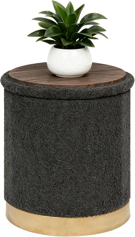 B FSOBEIIALEO Ottoman with Stroage, Round Boucle Storage Ottoman with Gold Plating Base,Foot Rest Stool for Dorm Room, Living Room Dark Grey, 16.73"x16.73"x17.72"