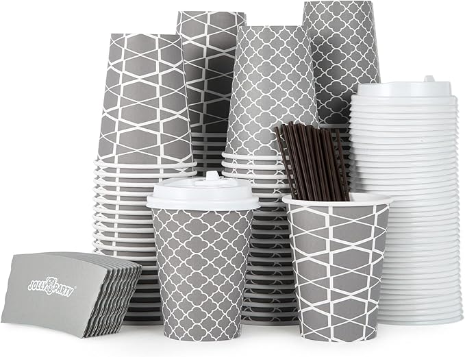JOLLY PARTY [100 Sets] 12 oz Paper Coffee Cups, Disposable Coffee Cups with Lids, Sleeves and Straws, Hot Cold Beverage Drinking Cup for Water, Coffee or Tea, To-Go Cup Suitable for Office and Travel