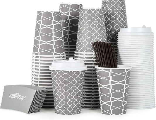 JOLLY PARTY [100 Sets] 12 oz Paper Coffee Cups, Disposable Coffee Cups with Lids, Sleeves and Straws, Hot Cold Beverage Drinking Cup for Water, Coffee or Tea, To-Go Cup Suitable for Office and Travel