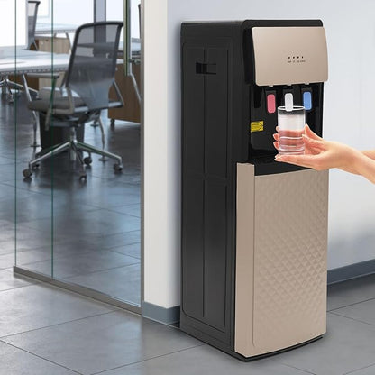Floor Standing Water Cooler, Hot & Cold Standing Water Dispenser, Bottom Loading Water Cooler Dispenser w/ 3 Temperature Settings of Hot, Cold, Room Water for Home, Office (220V, Champaign Gold)