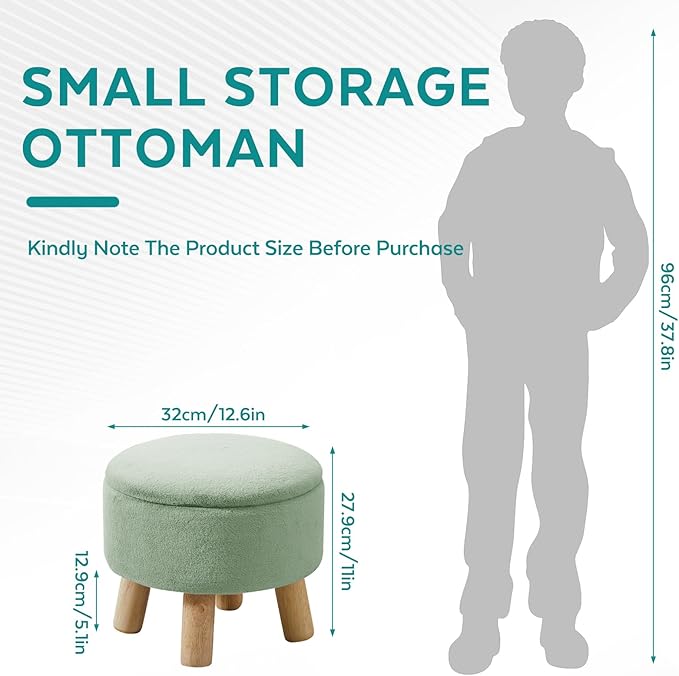 Small Foot Stool Ottoman with Storage, Faux Fur Ottoman Foot Rest for Couch, Round Footstool with Storage, Small Ottomans and Footstools for Living Room and Entryway (Light Green)