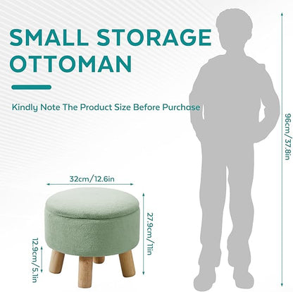 Small Foot Stool Ottoman with Storage, Faux Fur Ottoman Foot Rest for Couch, Round Footstool with Storage, Small Ottomans and Footstools for Living Room and Entryway (Light Green)