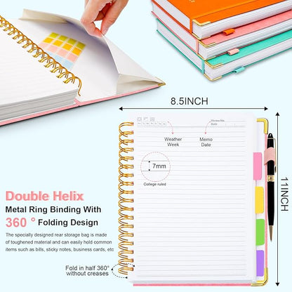 Hardcover Spiral Notebook 8.5"x11" Journal Notebook with Tabs and Removable Dividers 300 Pages 5 Subject Notebook College Ruled, Faux Leather Spiral Bound Notebook for Women School Work(Pink)