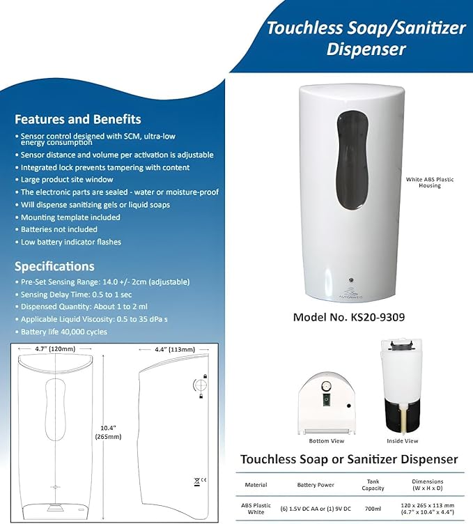 OCS Parts Touchless Soap Dispenser | Electronic Wall Mount Commercial Soap Dispenser with Mounting Hardware for Restrooms, Bathrooms, and Kitchens (2)