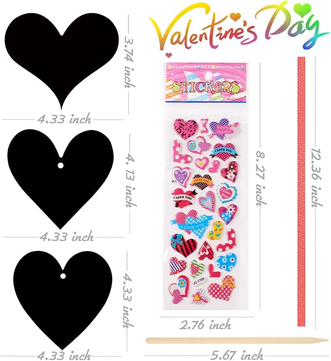 28 Pieces Valentine Crafts Scratch Paper Ornaments Heart Shape Rainbow Scratch Craft Art, with 28 Pieces Wooden Styluses,28 Pieces Ribbons, and 2 3D Puffy Stickers, for Valentine DIY Art Decorations