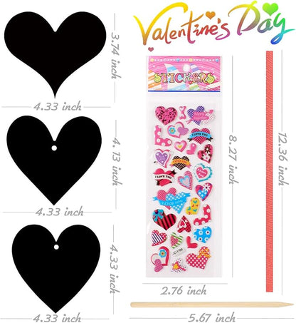 28 Pieces Valentine Crafts Scratch Paper Ornaments Heart Shape Rainbow Scratch Craft Art, with 28 Pieces Wooden Styluses,28 Pieces Ribbons, and 2 3D Puffy Stickers, for Valentine DIY Art Decorations