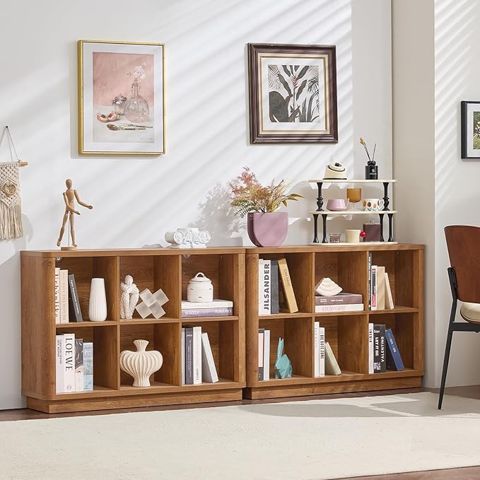 6 Cube Storage Book Shelf, 40" Wide Low Horizontal Bookcase with Curved Edge, Floor Standing 2-Tier Wooden Bookshelf with Base, Modern Short Book Case for Bedroom, Study, Entryway, Orange Oak