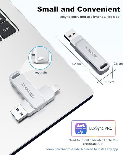 MFi Certified 256GB Flash Drive for iPhone Photo Stick, USB Memory Stick High Speed iPhone Flash Drive, External Memory Storage USB Stick Thumb Drive for iPhone/iPad/Android/PC (Metallic Silver)