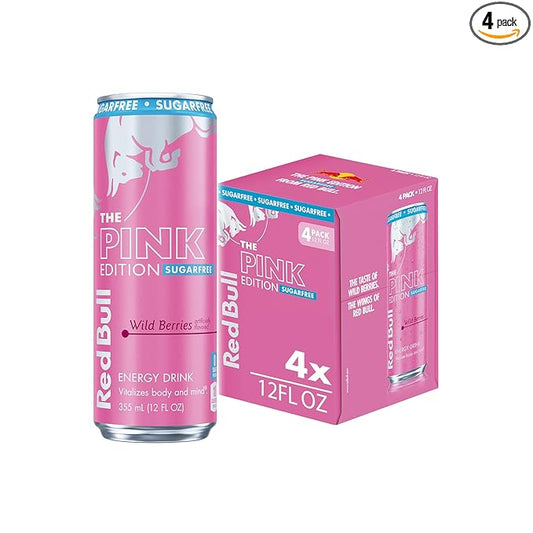 Red Bull Pink Edition Sugar-Free Energy Drink, Wild Berries, with 114mg Caffeine plus Taurine & B Vitamins, 12 Fl Oz, Pack of 4 Cans