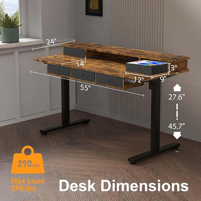 XINYAO Electric Standing Desk with 5 Drawers, 55x24 Inch Height Adjustable Sit Stand Up Desk with Storage Support 290lbs Ergonomic Rising Table with Wheels for Home Office