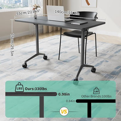Conference Room Table, 55 Inch Folding Conference Tables with Wheels, Modern Office Meeting Table, Easy Flip & Nest Design, Rectangular Seminar Tables with Metal Frame for 2-24 People (N, 8PCS)