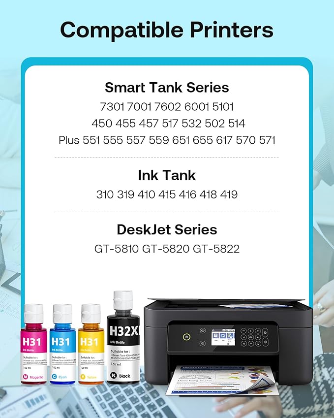 31 32XL Ink Bottle Set High Yield Ink Refills Compatible for HP Smart Tank 5101 7301 7602 7001 6001 Plus 551 651 455 457 450 All-in-One Printers, 4-Pack (165ML 32XL Black Ink, 100ML 31 Color Ink)