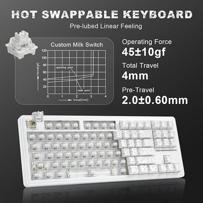 YUNZII YZ87 Gasket Mechanical Keyboard,TKL Wireless Hot Swappable with 5-Layer Padding, BT5.0/2.4G/USB-C NKRO RGB Backlit for Win/Mac(White Line, Milk Switch)