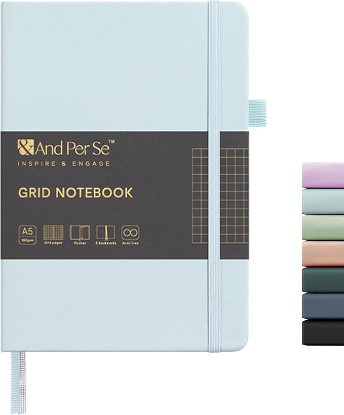 160 Pages, A5 5.7 x 8 inches 100 gsm Thick Paper Notebook Journals for Writing, Grid Hardcover Notebook(1 Pack, cyan)