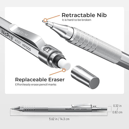 Nicpro 4 Pack Metal Mechanical Pencil Set 0.5 mm & 0.7mm with Case, Artist Pencil MP1000 with 8 Tubes HB & 2B Lead Refill, 3 Eraser, 9 Eraser Refill For Art Writing Drafting Drawing,Black & Silver