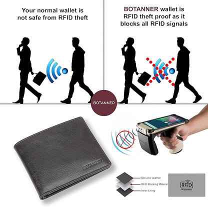 Genuine Leather Bifold Mens Slim Wallet RFID Blocking with 8 Credit Card Slots 2 Sections for Bills 2 Additional Slots | For Him (Black)